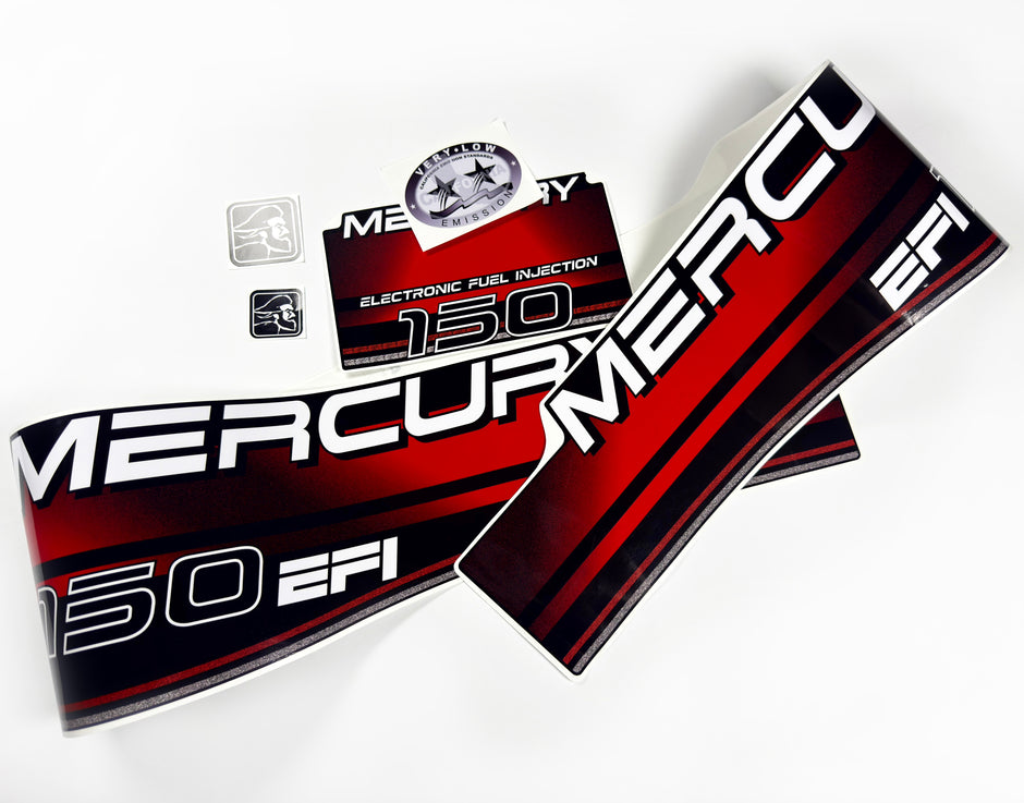 Vinyl graphic decals set suitable for Mercury EFI 150 hp two stroke outboard engine. Vinyl stickers kit for Mercury 150 hp electronik fuel injection Handmade