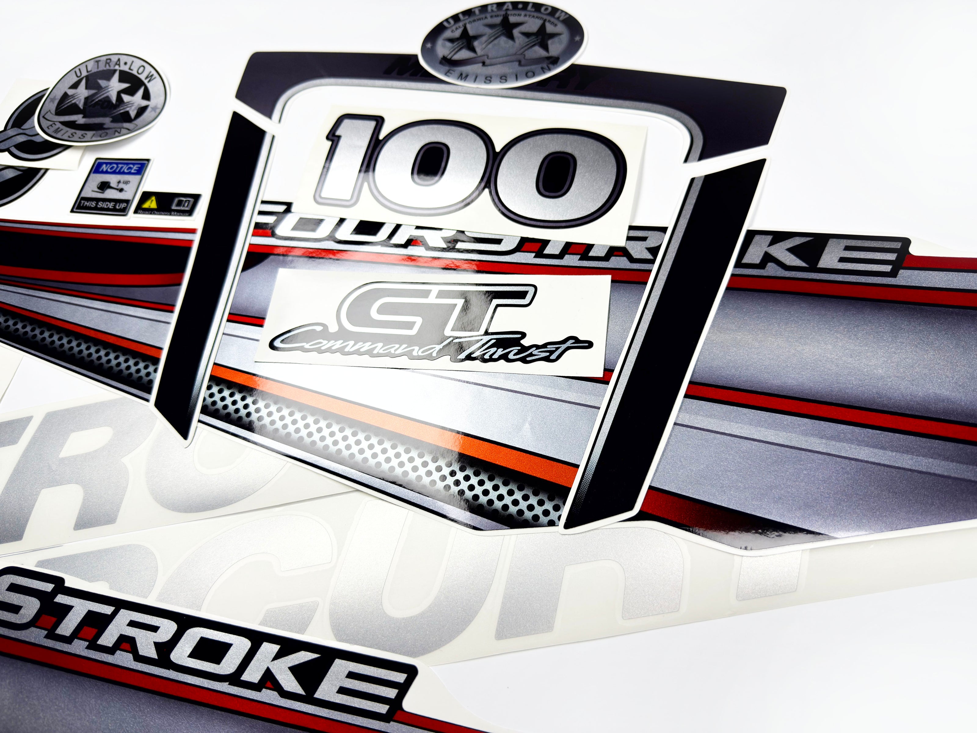 Vinyl graphic silver shimmer decals set suitable for Mercury 100 hp four stroke outboard engine. Vinyl silver shimmer stickers kit for Mercury 100 hp four stroke Handmade