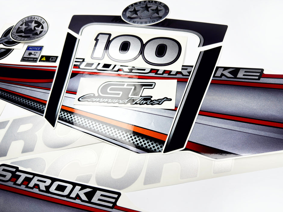 Vinyl graphic silver shimmer decals set suitable for Mercury 100 hp four stroke outboard engine. Vinyl silver shimmer stickers kit for Mercury 100 hp four stroke Handmade