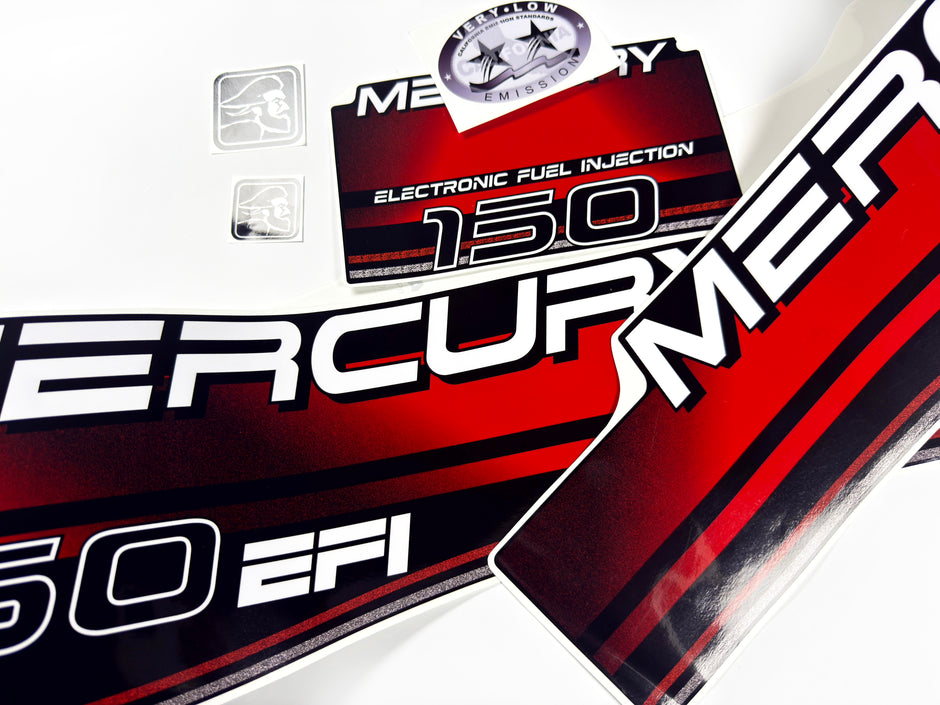 Vinyl graphic decals set suitable for Mercury EFI 150 hp two stroke outboard engine. Vinyl stickers kit for Mercury 150 hp electronik fuel injection Handmade