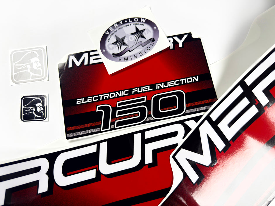 Vinyl graphic decals set suitable for Mercury EFI 150 hp two stroke outboard engine. Vinyl stickers kit for Mercury 150 hp electronik fuel injection Handmade