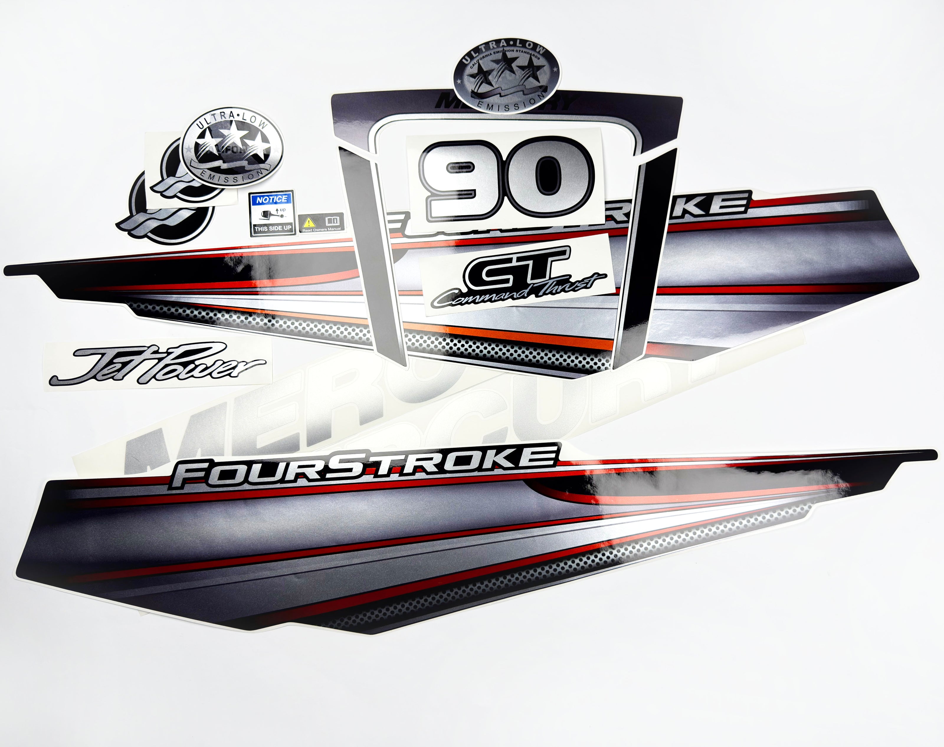 Vinyl graphic silver shimmer red decals set suitable for Mercury 90 hp four stroke outboard engine. Vinyl silver shimmer stickers kit for Mercury 90 hp four stroke Handmade