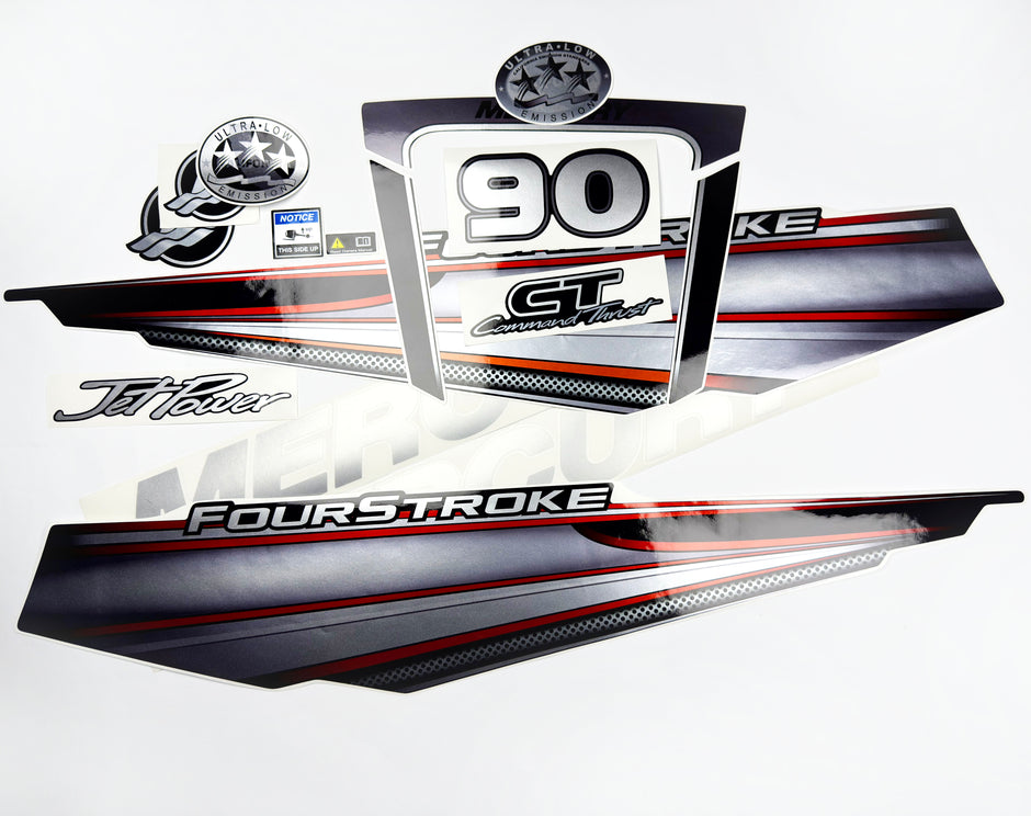 Vinyl graphic silver shimmer red decals set suitable for Mercury 90 hp four stroke outboard engine. Vinyl silver shimmer stickers kit for Mercury 90 hp four stroke Handmade