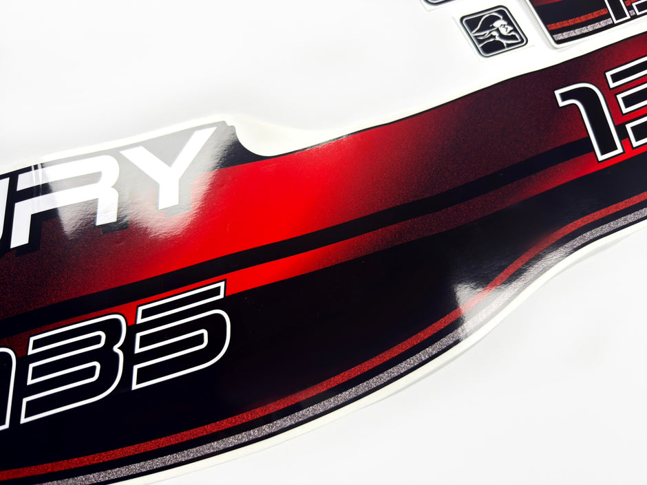 Vinyl graphic decals set suitable for Mercury 135 hp two stroke outboard engine. Vinyl stickers kit for Mercury 135 hp Handmade