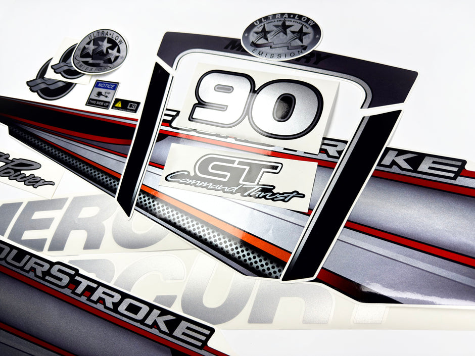 Vinyl graphic silver shimmer red decals set suitable for Mercury 90 hp four stroke outboard engine. Vinyl silver shimmer stickers kit for Mercury 90 hp four stroke Handmade