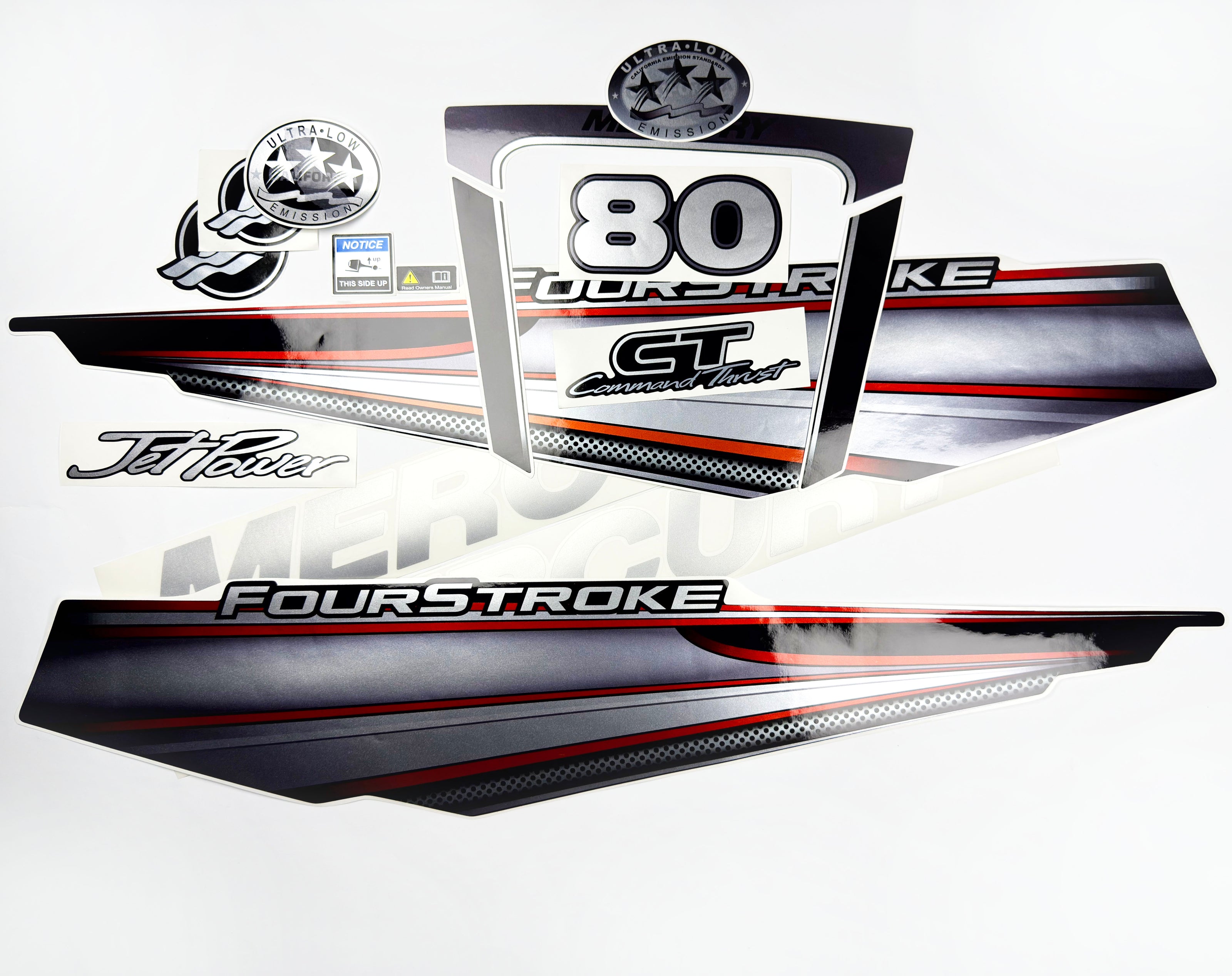 Vinyl graphic silver shimmer decals set suitable for Mercury 80 hp four stroke outboard engine. Vinyl silver shimmer stickers kit for Mercury 80 hp four stroke Handmade