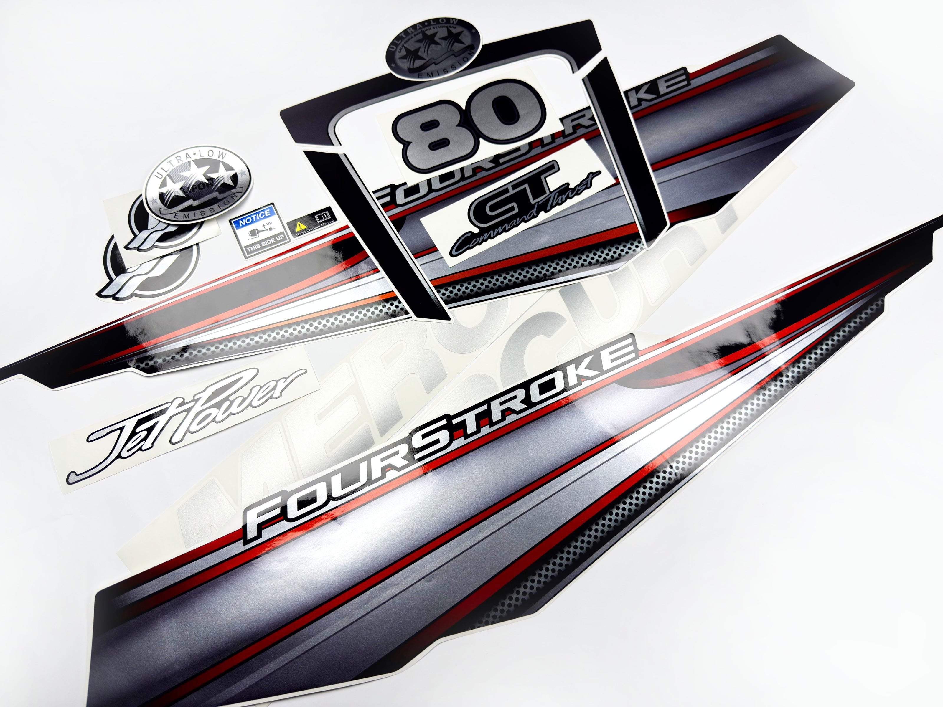 Vinyl graphic silver shimmer decals set suitable for Mercury 80 hp four stroke outboard engine. Vinyl silver shimmer stickers kit for Mercury 80 hp four stroke Handmade