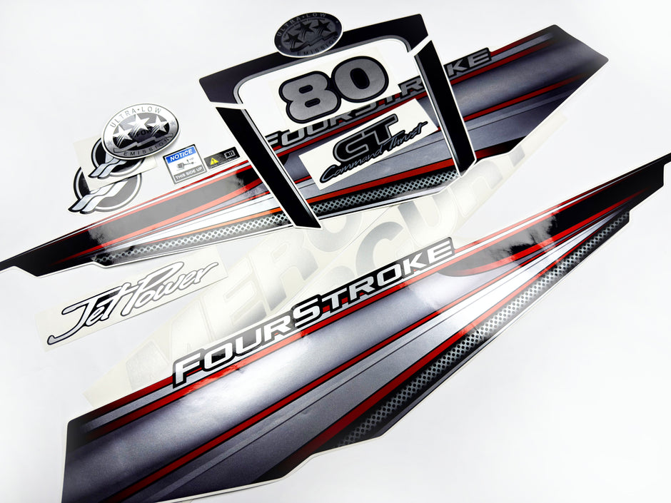 Vinyl graphic silver shimmer decals set suitable for Mercury 80 hp four stroke outboard engine. Vinyl silver shimmer stickers kit for Mercury 80 hp four stroke Handmade