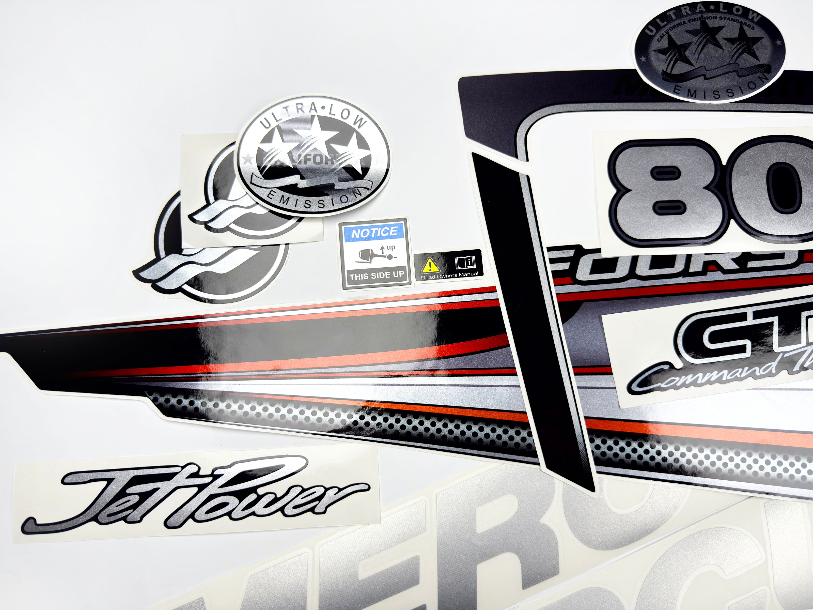 Vinyl graphic silver shimmer decals set suitable for Mercury 80 hp four stroke outboard engine. Vinyl silver shimmer stickers kit for Mercury 80 hp four stroke Handmade