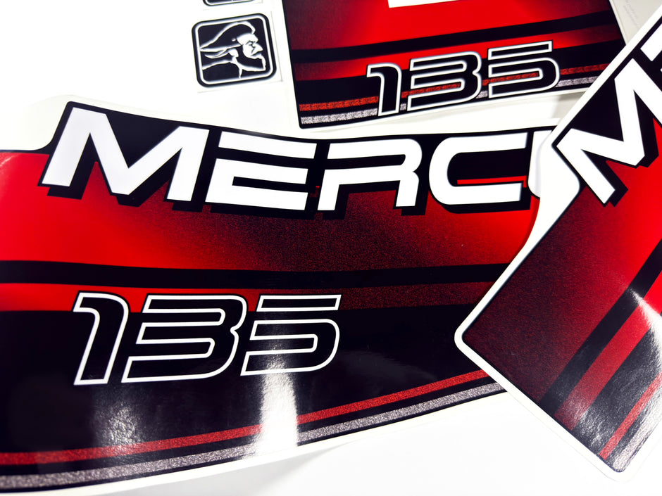 Vinyl graphic decals set suitable for Mercury 135 hp two stroke outboard engine. Vinyl stickers kit for Mercury 135 hp Handmade