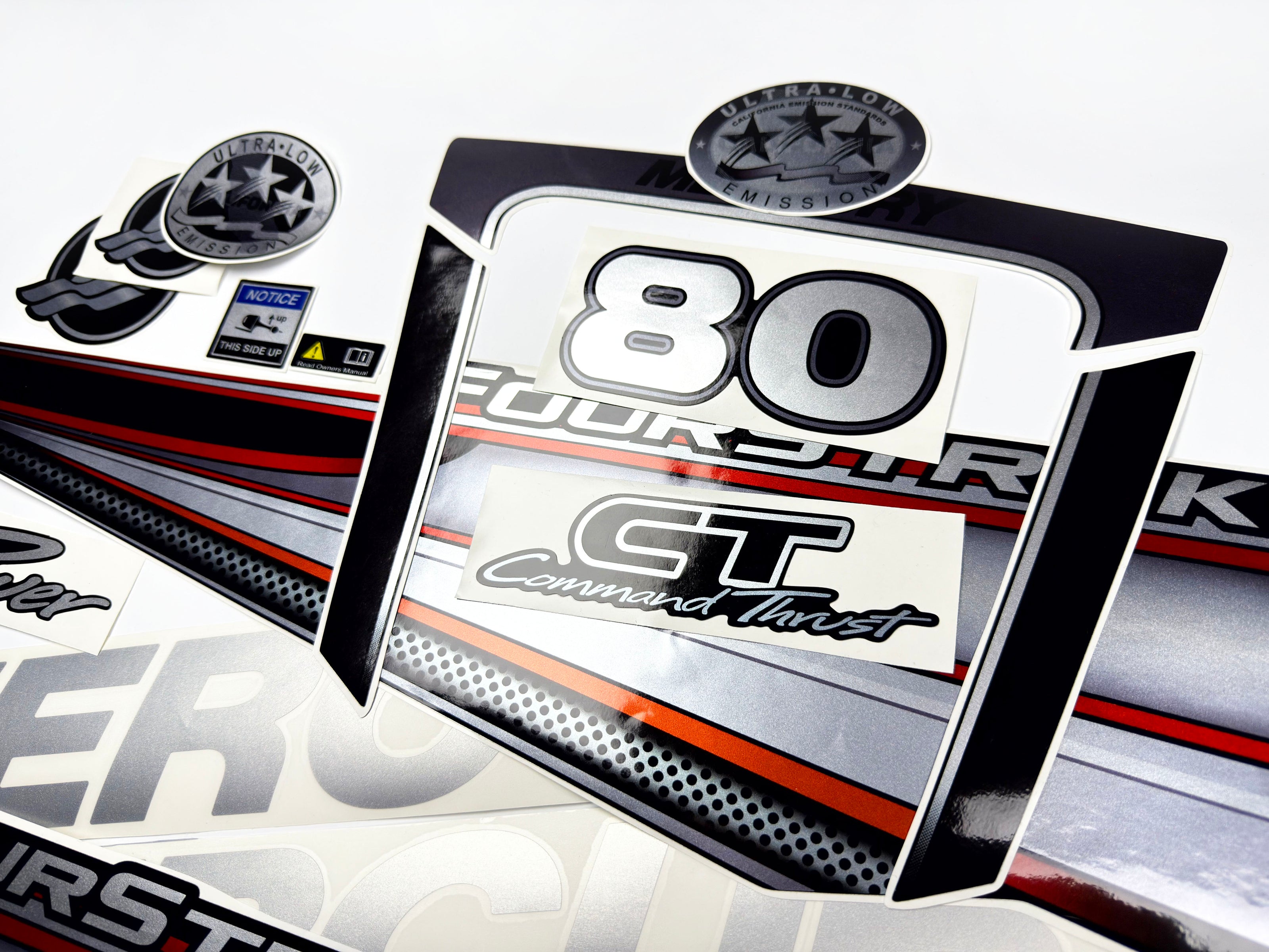 Vinyl graphic silver shimmer decals set suitable for Mercury 80 hp four stroke outboard engine. Vinyl silver shimmer stickers kit for Mercury 80 hp four stroke Handmade