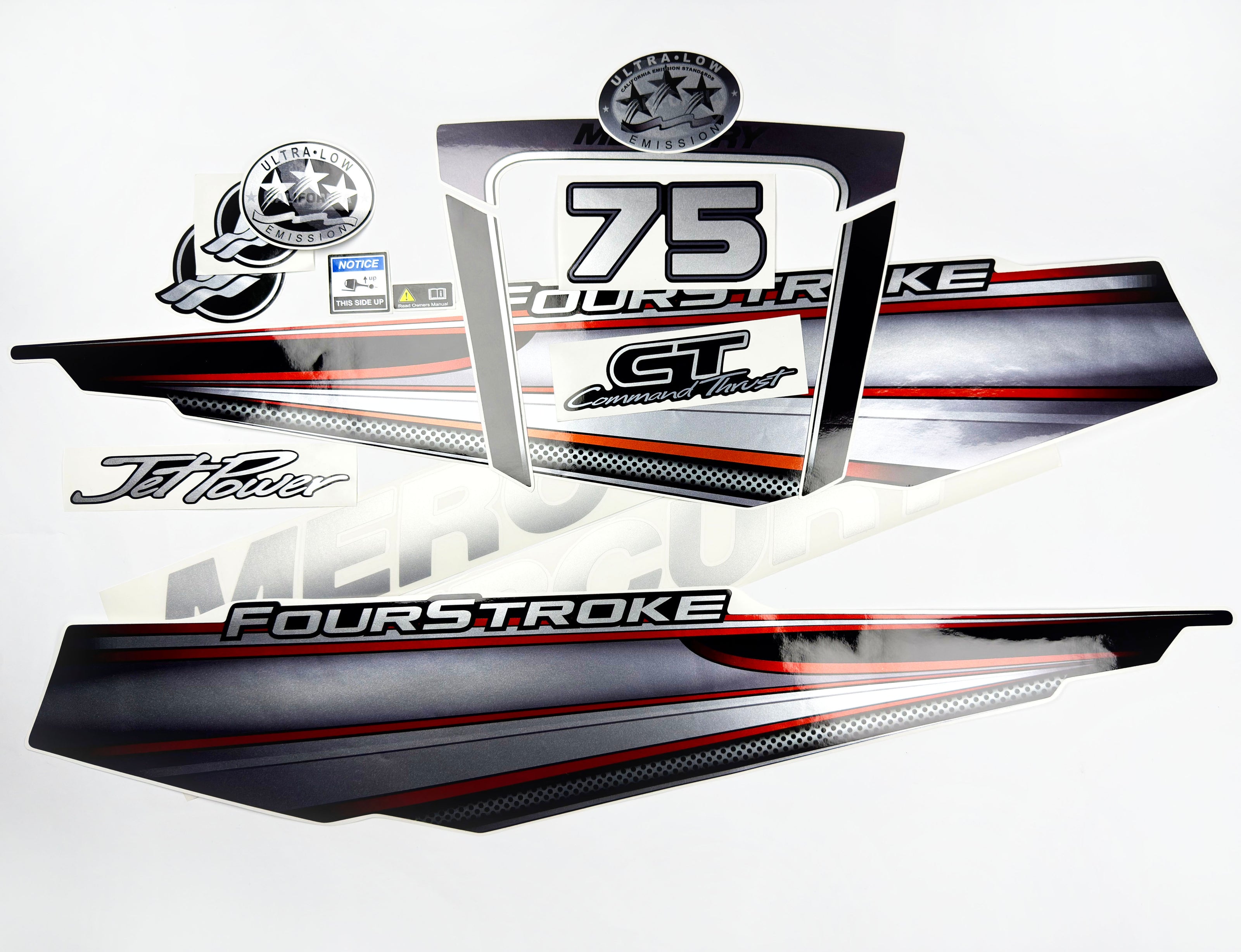 Vinyl graphic silver shimmer decals set suitable for Mercury 75 hp four stroke outboard engine. Vinyl silver shimmer stickers kit for Mercury 75 hp four stroke Handmade
