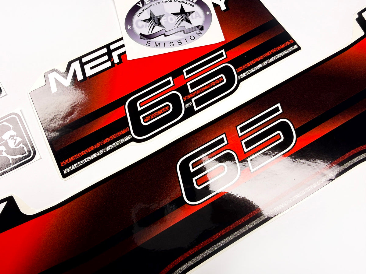 Vinyl graphic decals set suitable for Mercury 65 hp two stroke outboard engine. Vinyl stickers kit for Mercury 65 hp Handmade