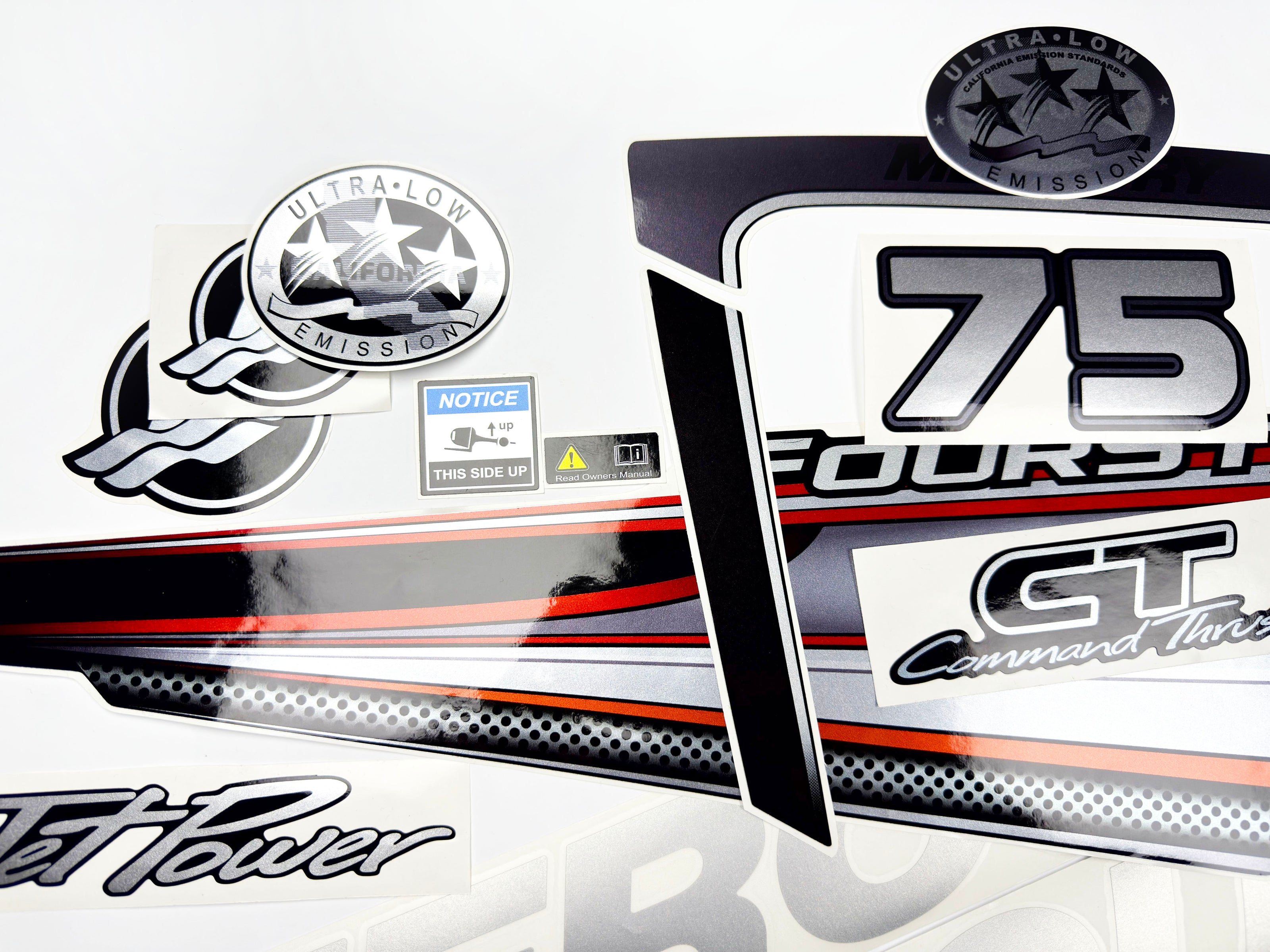 Vinyl graphic silver shimmer decals set suitable for Mercury 75 hp four stroke outboard engine. Vinyl silver shimmer stickers kit for Mercury 75 hp four stroke Handmade