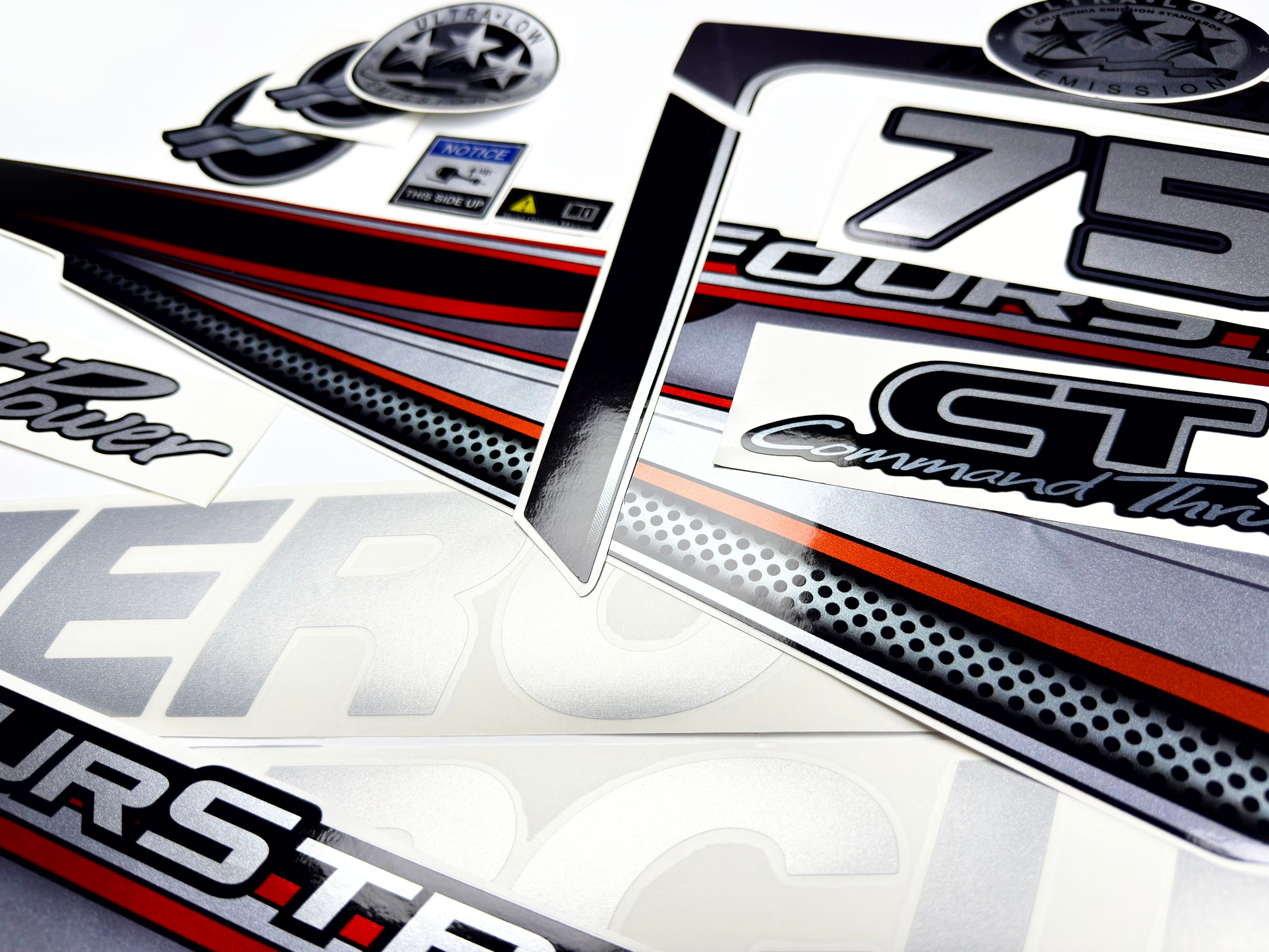 Vinyl graphic silver shimmer decals set suitable for Mercury 75 hp four stroke outboard engine. Vinyl silver shimmer stickers kit for Mercury 75 hp four stroke Handmade