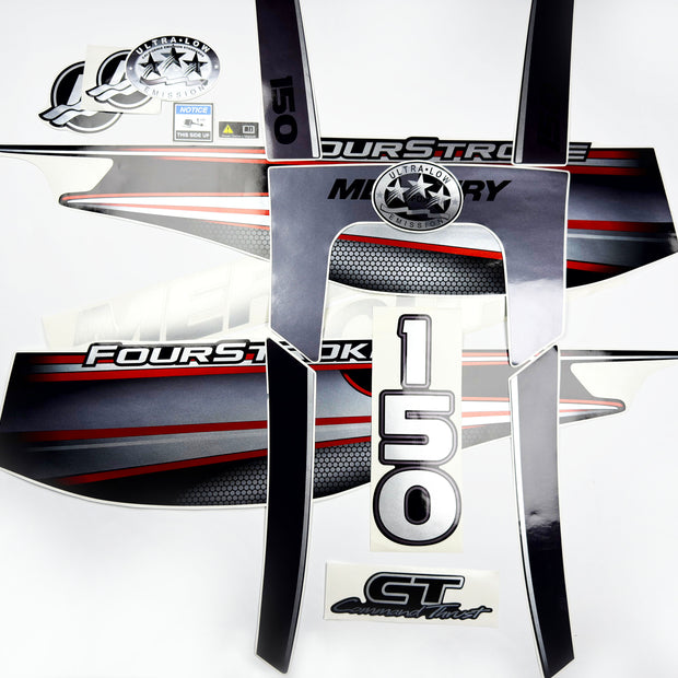 Vinyl graphic silver shimmer red decals set suitable for Mercury 150 hp four stroke outboard engine. Vinyl silver shimmer stickers kit for Mercury 150 hp four stroke Handmade