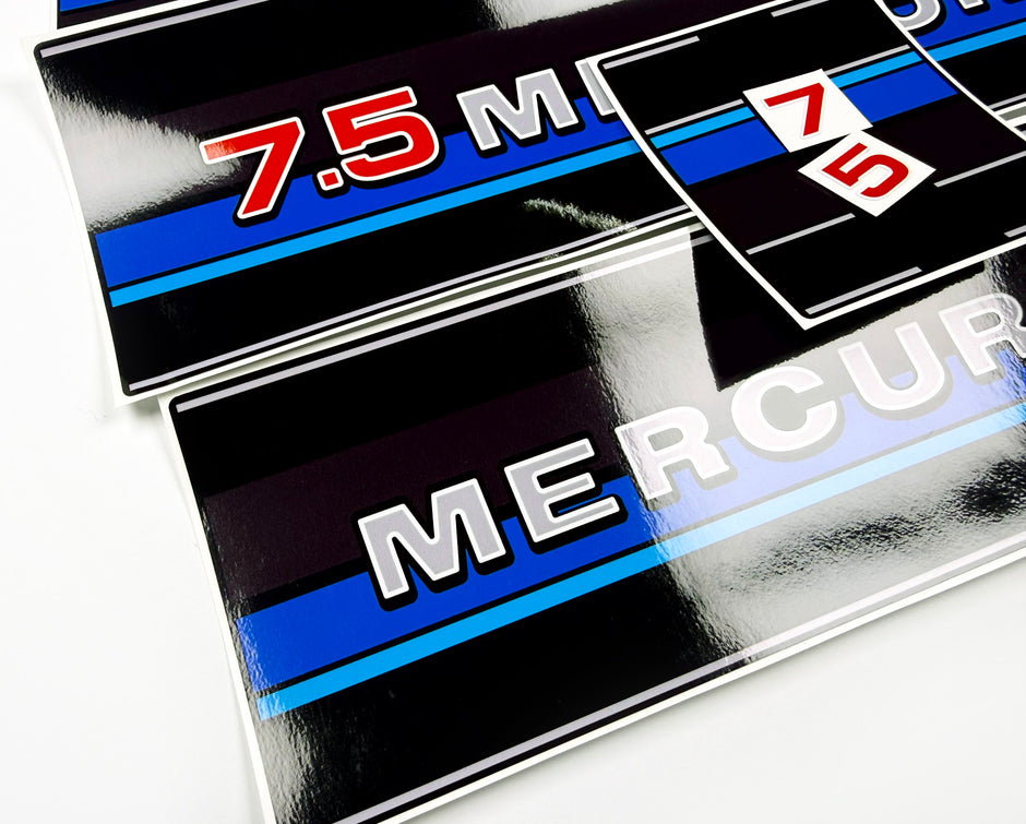 Vinyl graphic retro decals set suitable for Mercury 7.5 hp outboard engine 1983 . Vinyl stickers kit for Mercury 7.5 hp Handmade