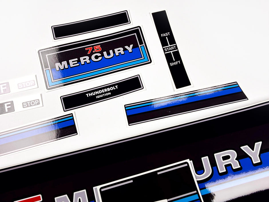 Vinyl graphic retro decals set suitable for Mercury 7.5 hp outboard engine 1983 . Vinyl stickers kit for Mercury 7.5 hp Handmade