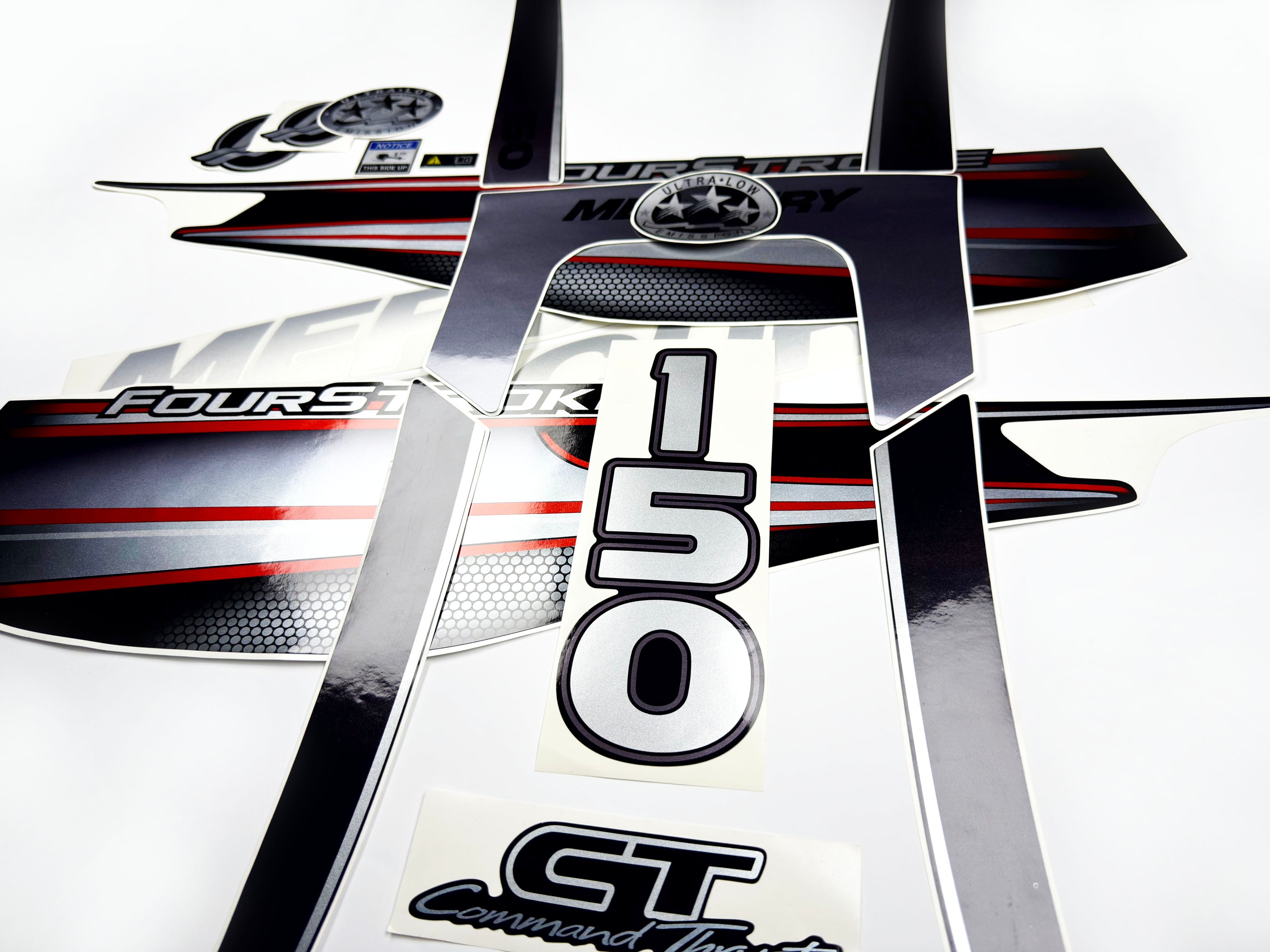 Vinyl graphic silver shimmer red decals set suitable for Mercury 150 hp four stroke outboard engine. Vinyl silver shimmer stickers kit for Mercury 150 hp four stroke Handmade