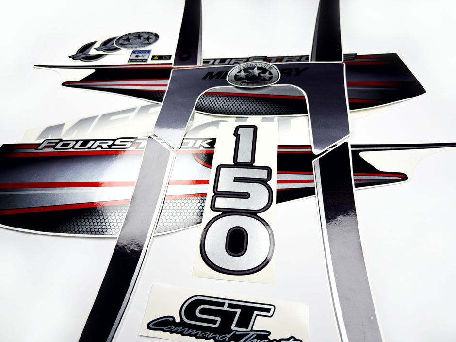Vinyl graphic silver shimmer red decals set suitable for Mercury 150 hp four stroke outboard engine. Vinyl silver shimmer stickers kit for Mercury 150 hp four stroke Handmade