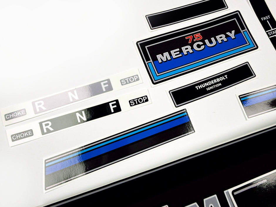 Vinyl graphic retro decals set suitable for Mercury 7.5 hp outboard engine 1983 . Vinyl stickers kit for Mercury 7.5 hp Handmade