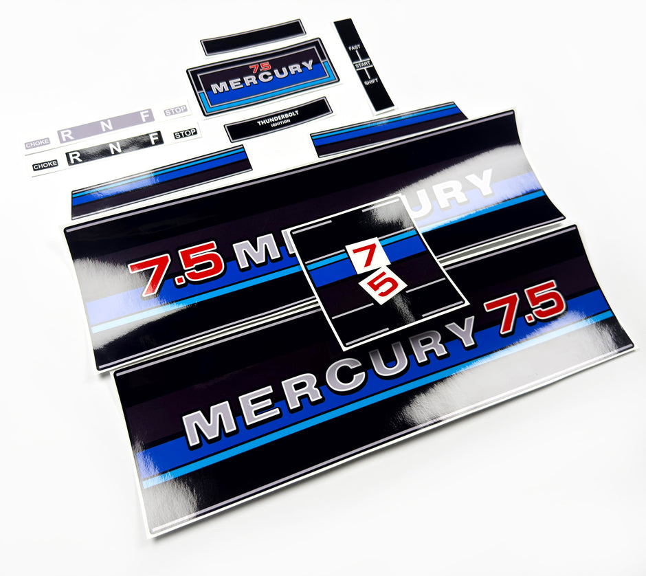 Vinyl graphic retro decals set suitable for Mercury 7.5 hp outboard engine 1983 . Vinyl stickers kit for Mercury 7.5 hp Handmade