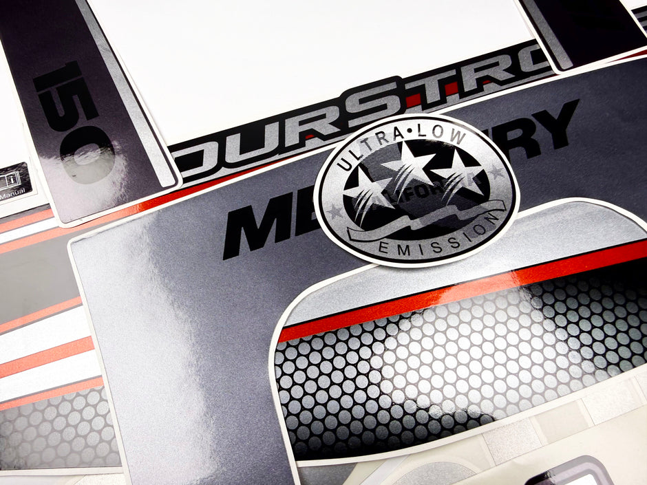 Vinyl graphic silver shimmer red decals set suitable for Mercury 150 hp four stroke outboard engine. Vinyl silver shimmer stickers kit for Mercury 150 hp four stroke Handmade