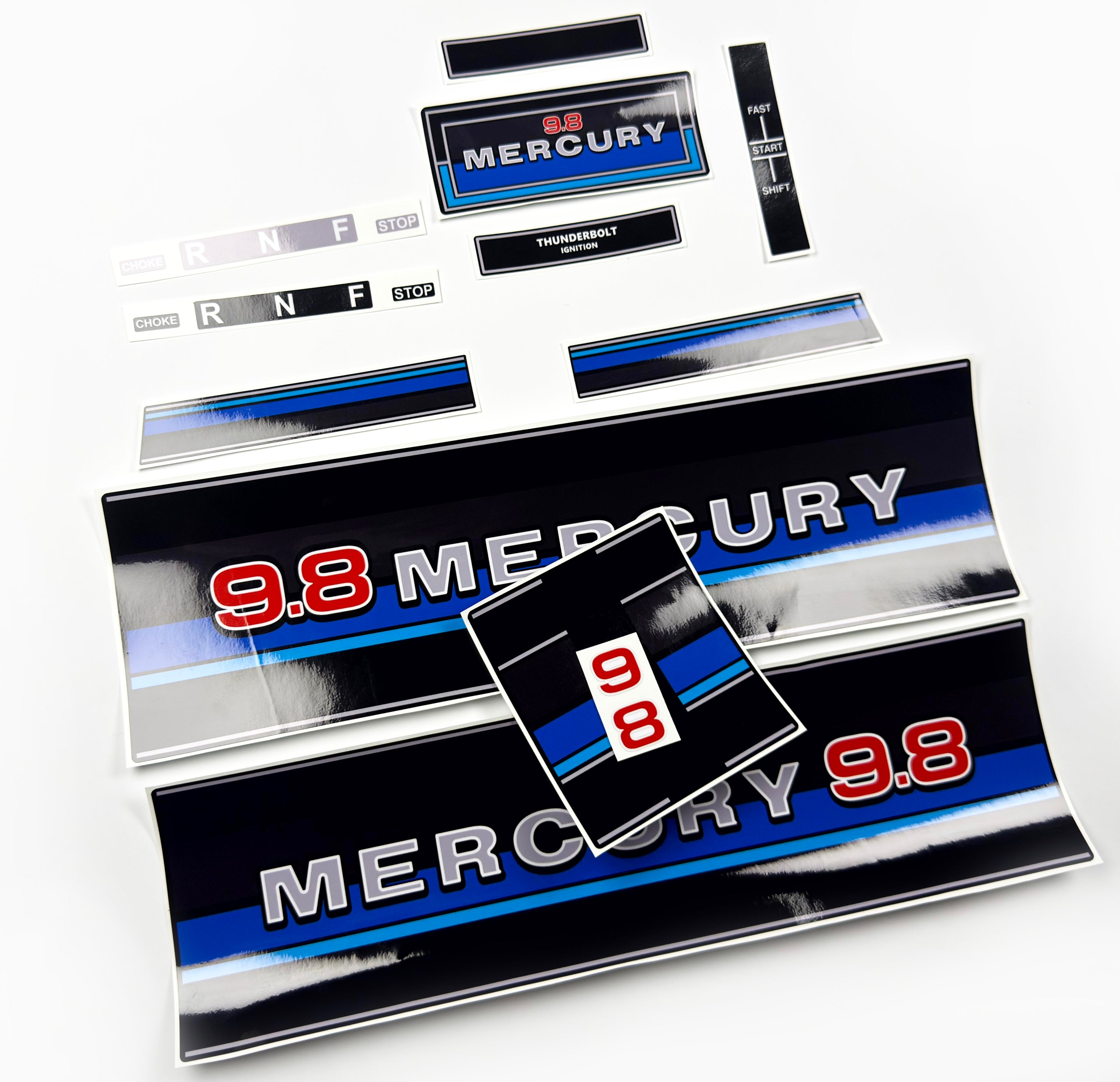 Vinyl graphic retro decals set suitable for Mercury 9.8 hp outboard engine 1983