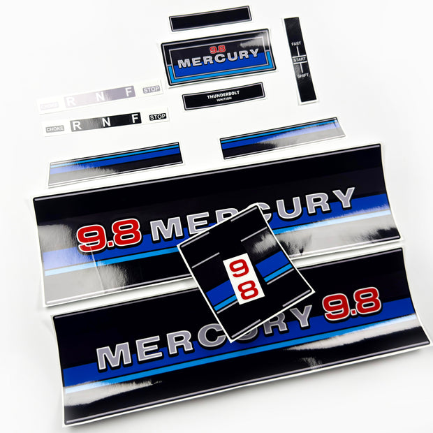 Vinyl graphic retro decals set suitable for Mercury 9.8 hp outboard engine 1983"s . Vinyl stickers kit for Mercury 9.8 hp Handmade