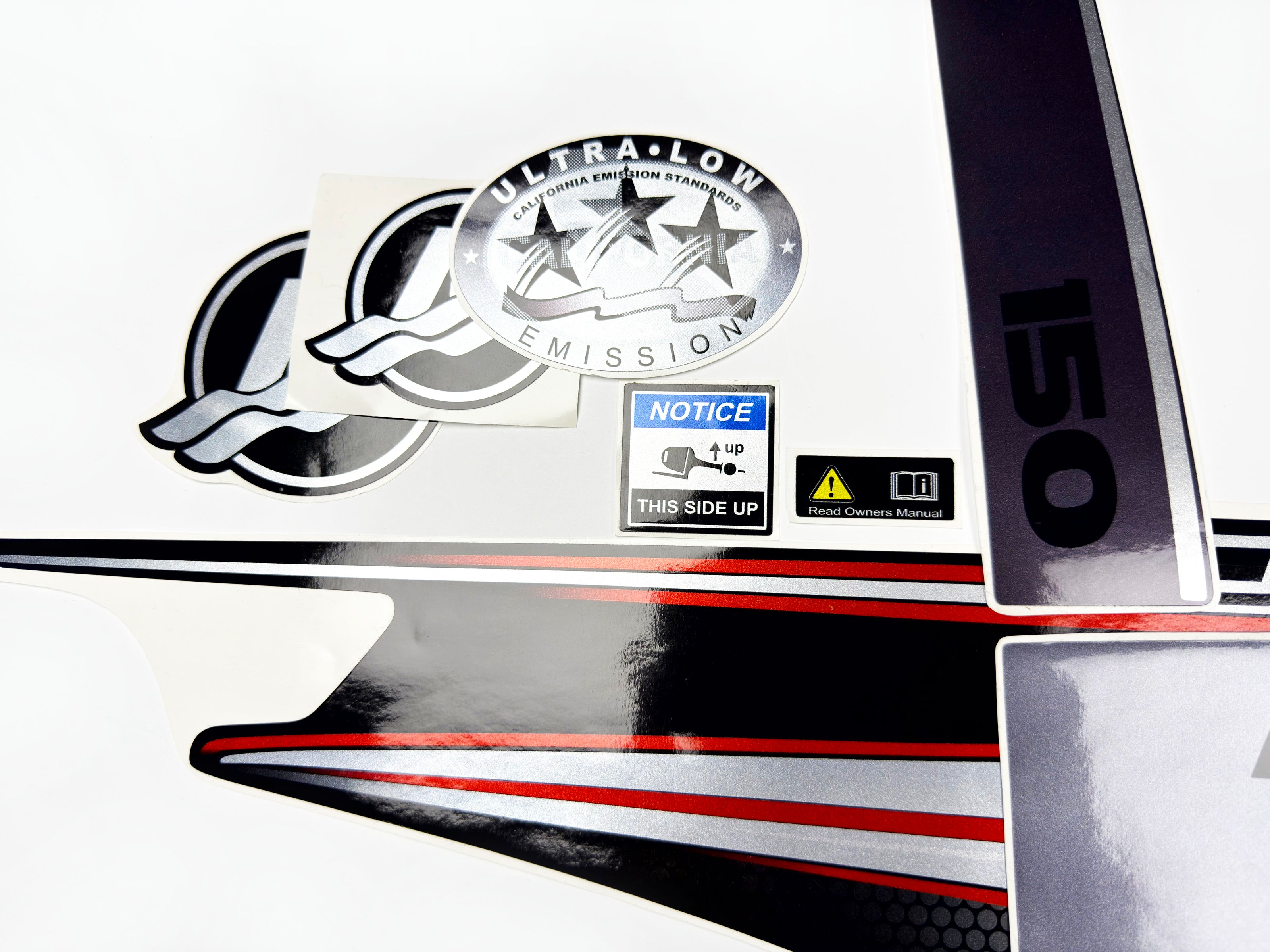 Vinyl graphic silver shimmer red decals set suitable for Mercury 150 hp four stroke outboard engine. Vinyl silver shimmer stickers kit for Mercury 150 hp four stroke Handmade