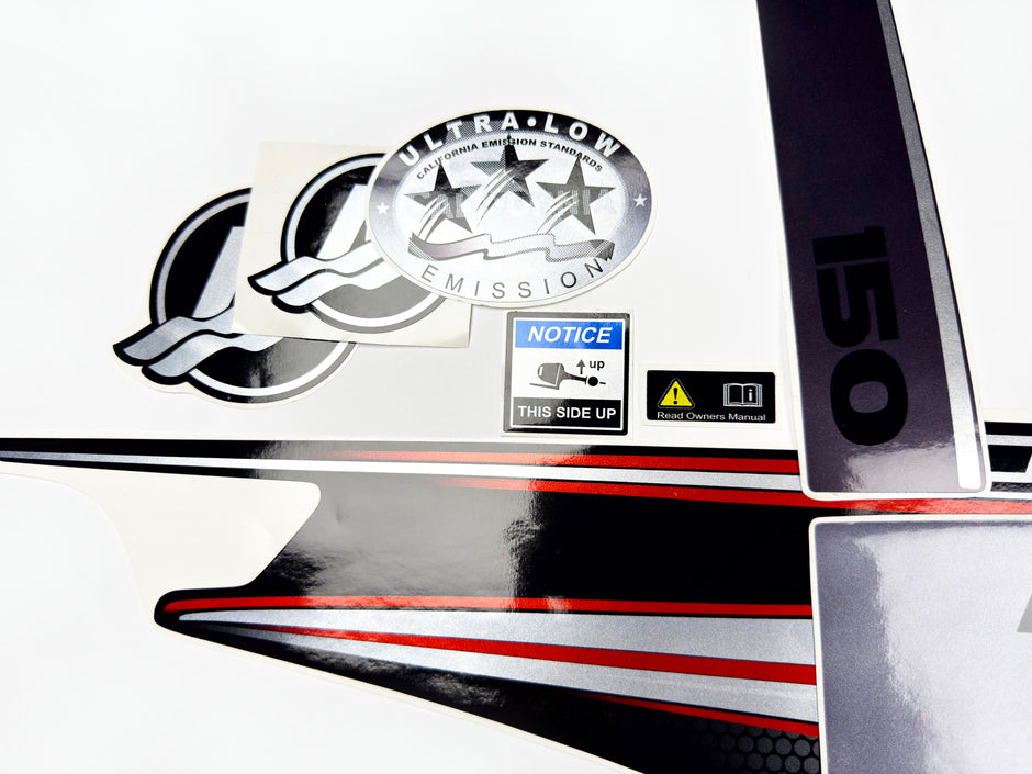 Vinyl graphic silver shimmer red decals set suitable for Mercury 150 hp four stroke outboard engine. Vinyl silver shimmer stickers kit for Mercury 150 hp four stroke Handmade