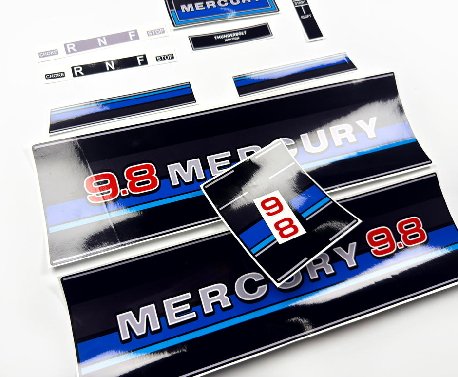 Vinyl graphic retro decals set suitable for Mercury 9.8 hp outboard engine 1983