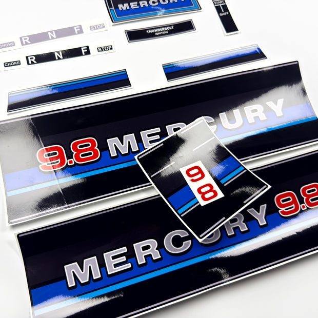 Vinyl graphic retro decals set suitable for Mercury 9.8 hp outboard engine 1983"s . Vinyl stickers kit for Mercury 9.8 hp Handmade