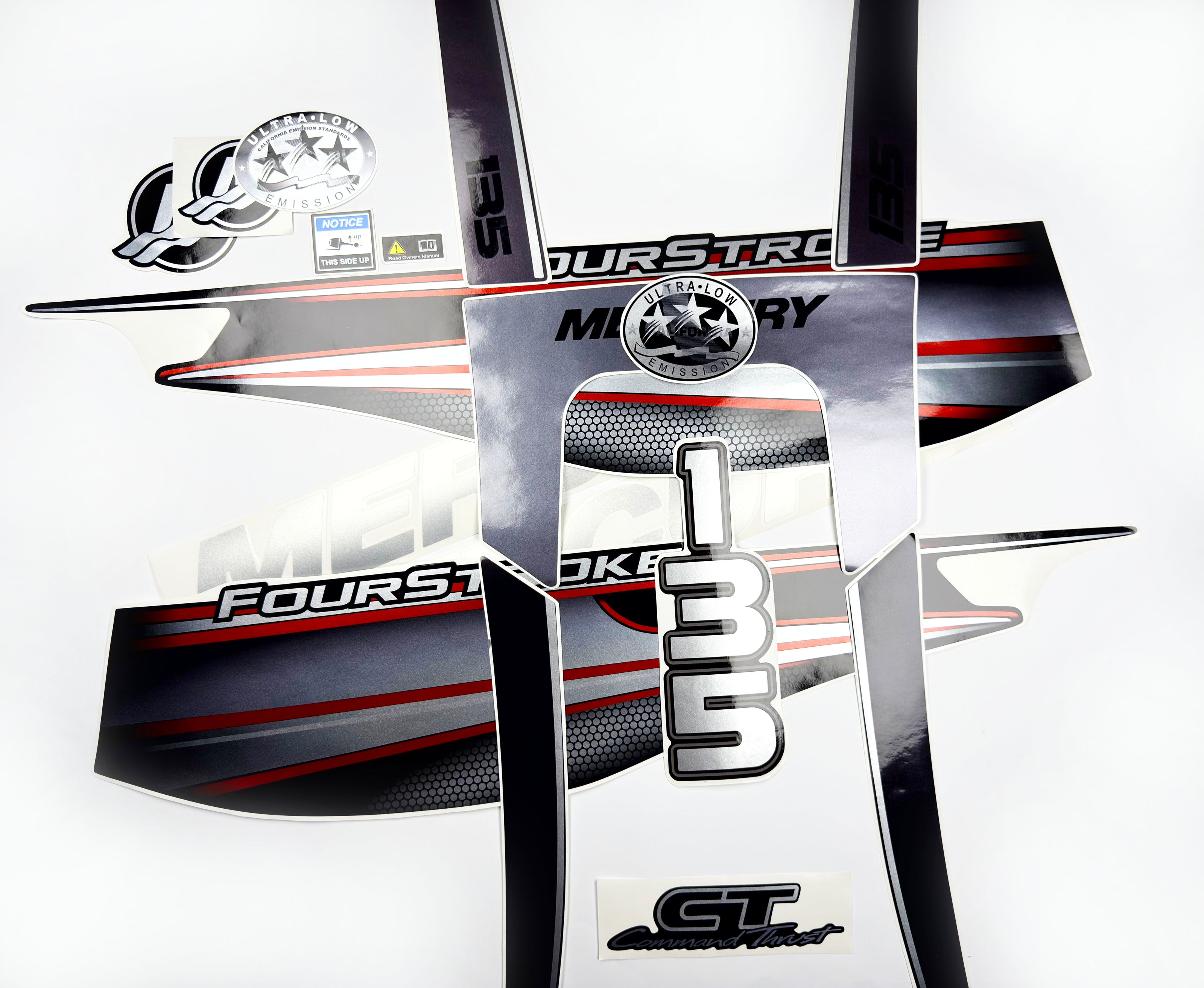 Vinyl graphic silver shimmer red decals set suitable for Mercury 135 hp four stroke outboard engine. Vinyl silver shimmer stickers kit for Mercury 135 hp four stroke Handmade