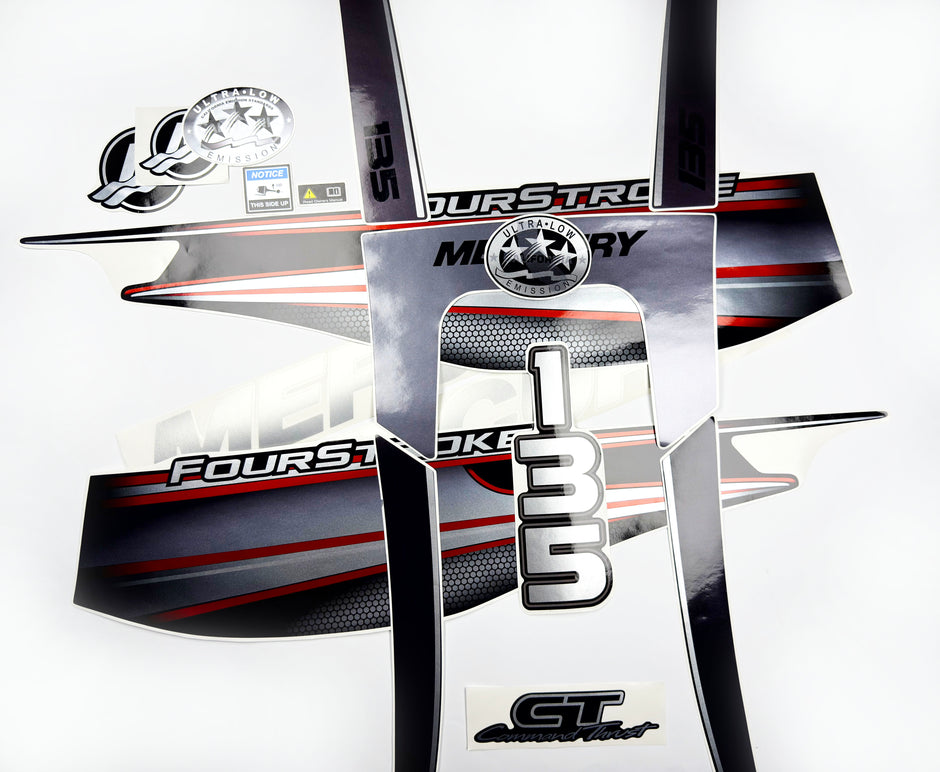 Vinyl graphic silver shimmer red decals set suitable for Mercury 135 hp four stroke outboard engine. Vinyl silver shimmer stickers kit for Mercury 135 hp four stroke Handmade