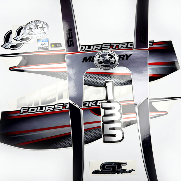 Vinyl graphic silver shimmer red decals set suitable for Mercury 135 hp four stroke outboard engine. Vinyl silver shimmer stickers kit for Mercury 135 hp four stroke Handmade
