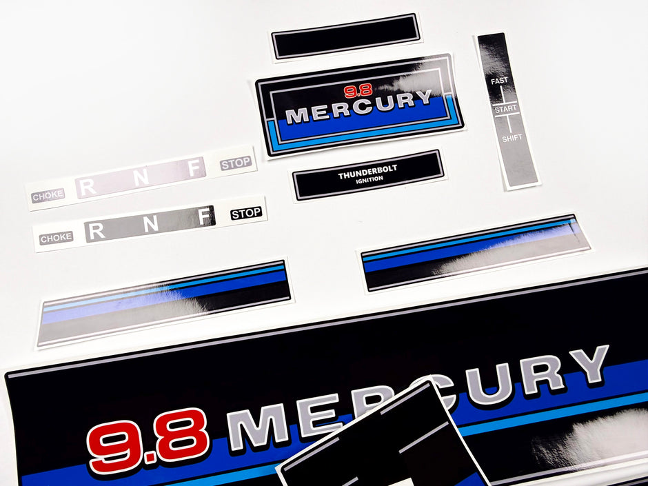 Vinyl graphic retro decals set suitable for Mercury 9.8 hp outboard engine 1983