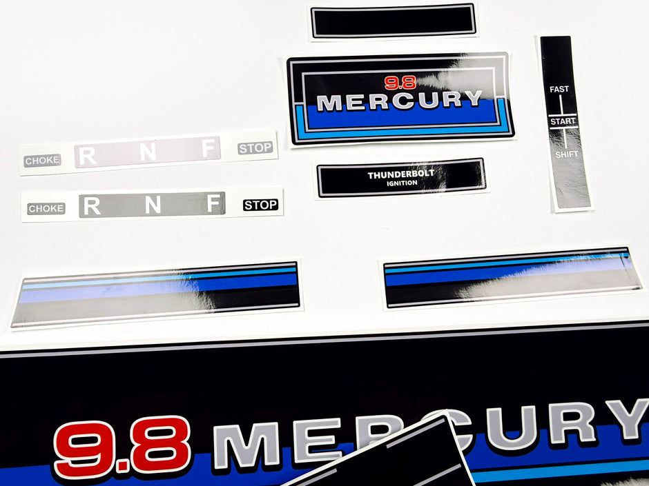 Vinyl graphic retro decals set suitable for Mercury 9.8 hp outboard engine 1983
