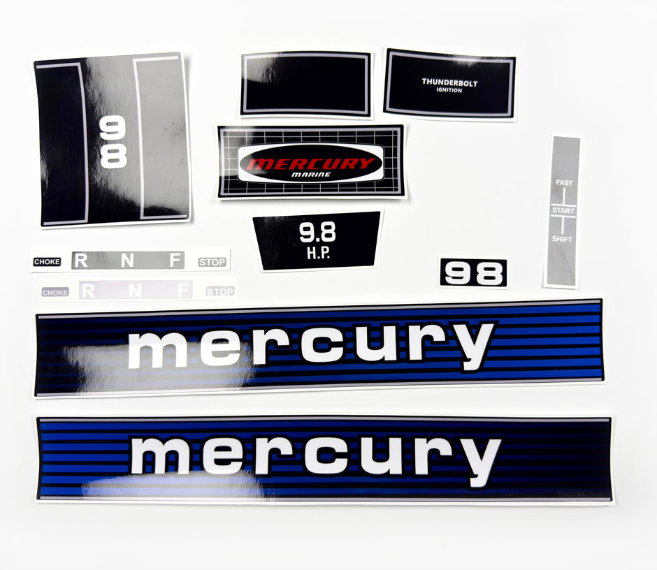 Vinyl graphic retro decals set suitable for Mercury 9.8 hp outboard engine 1970"s . Vinyl stickers kit for Mercury 9.8 hp Handmade