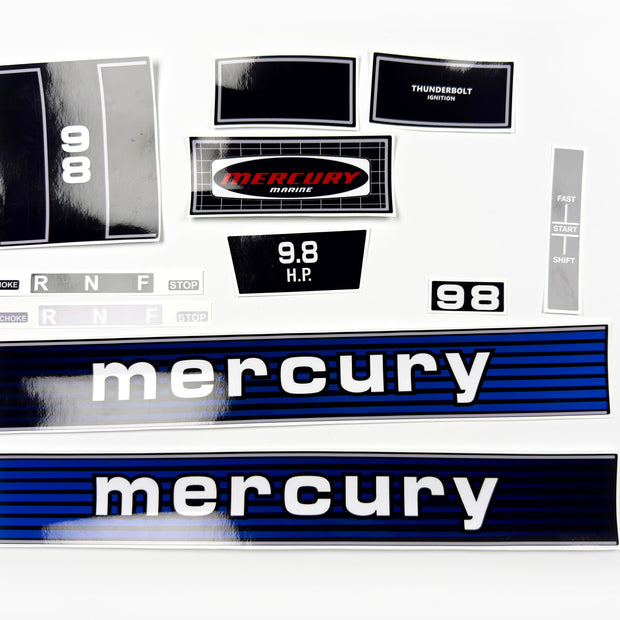 Vinyl graphic retro decals set suitable for Mercury 9.8 hp outboard engine 1970"s . Vinyl stickers kit for Mercury 9.8 hp Handmade
