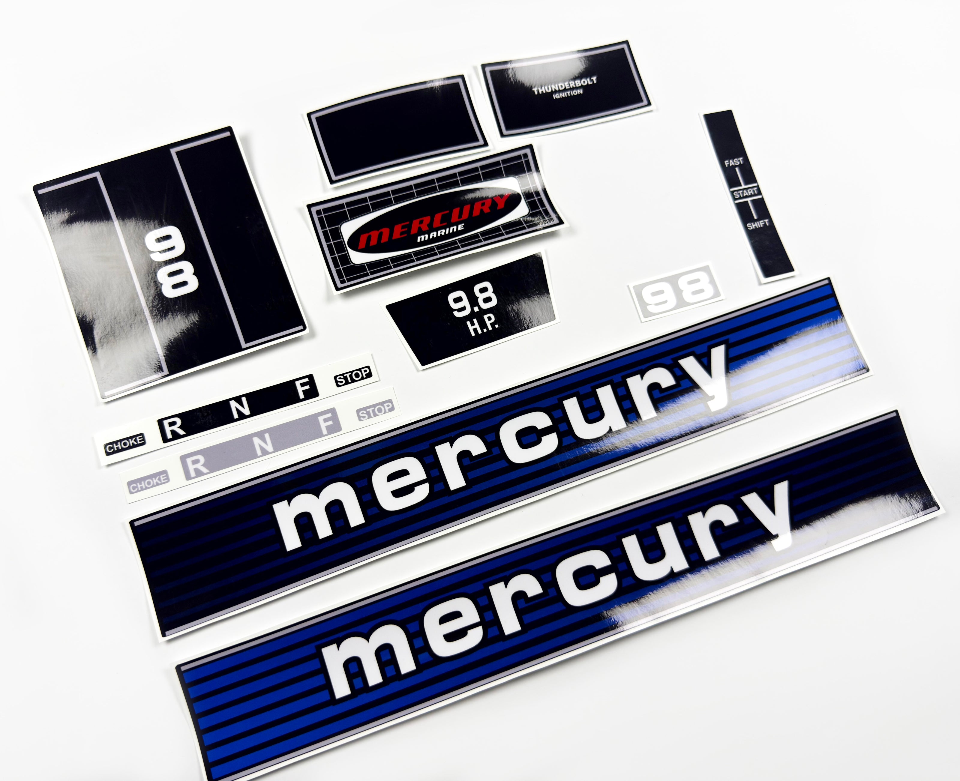 Vinyl graphic retro decals set suitable for Mercury 9.8 hp outboard engine 1970