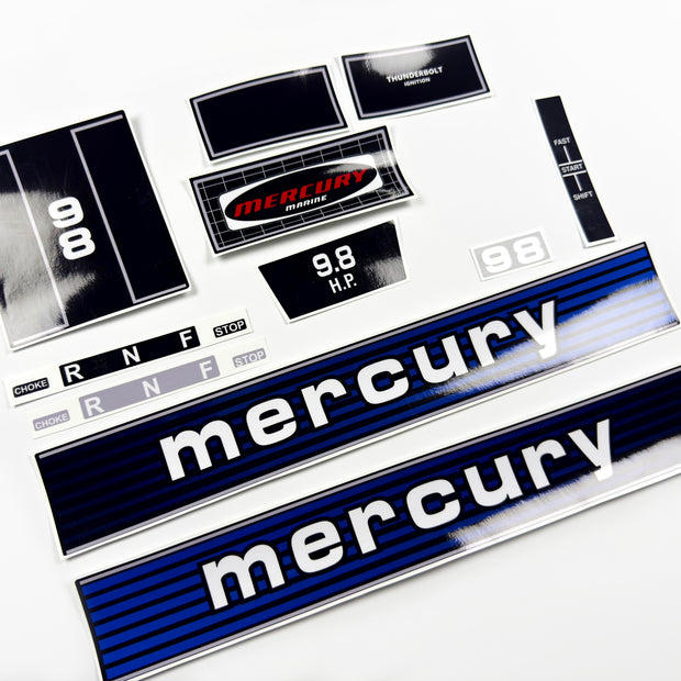 Vinyl graphic retro decals set suitable for Mercury 9.8 hp outboard engine 1970"s . Vinyl stickers kit for Mercury 9.8 hp Handmade