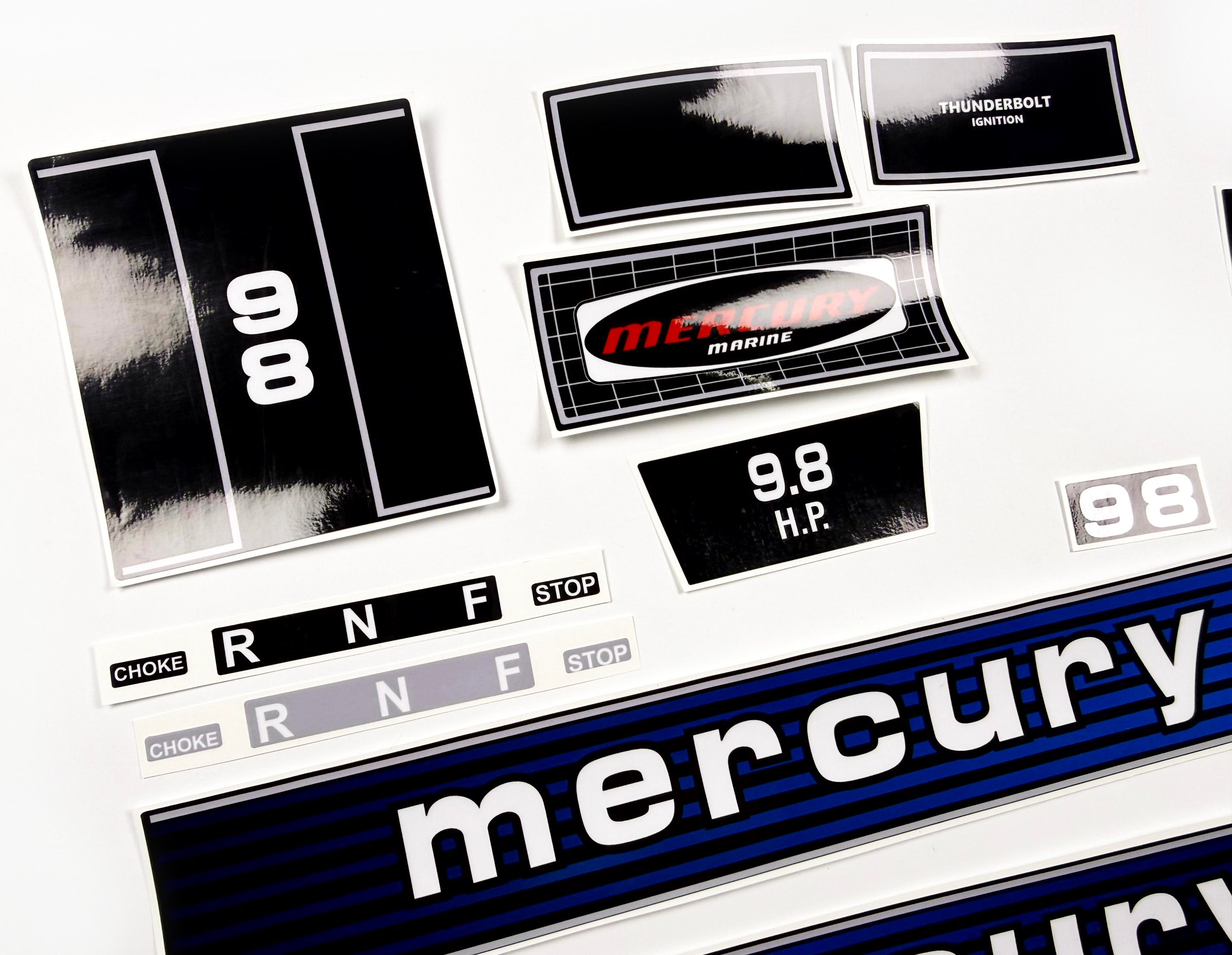 Vinyl graphic retro decals set suitable for Mercury 9.8 hp outboard engine 1970
