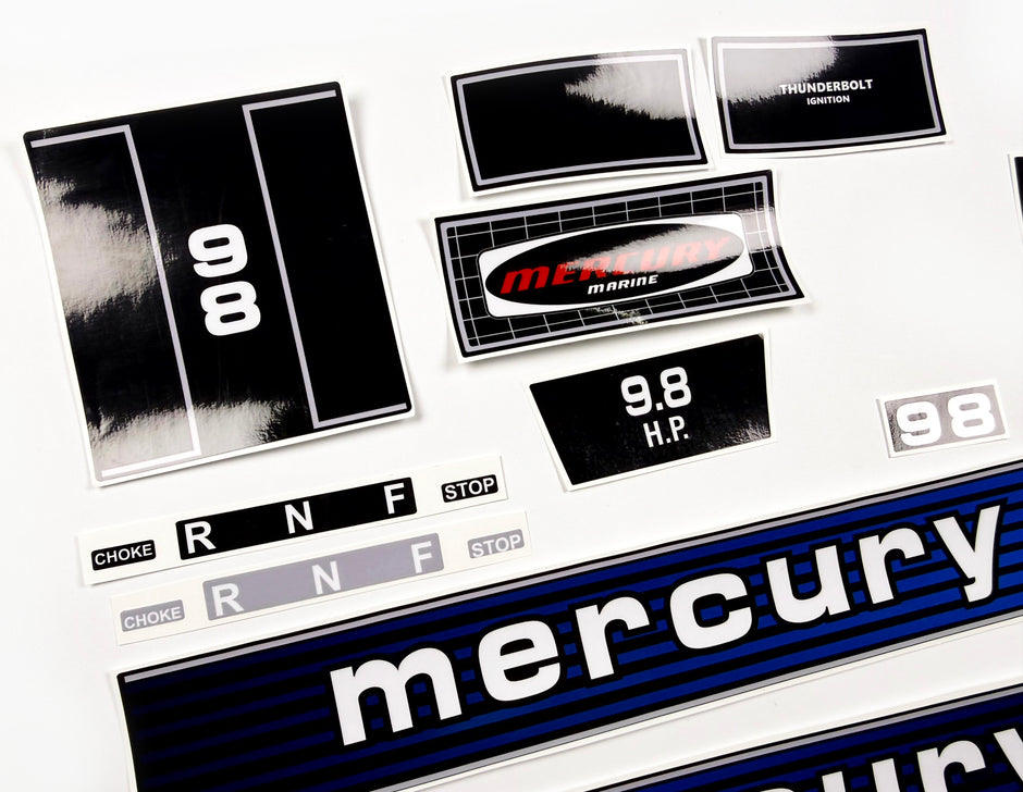 Vinyl graphic retro decals set suitable for Mercury 9.8 hp outboard engine 1970