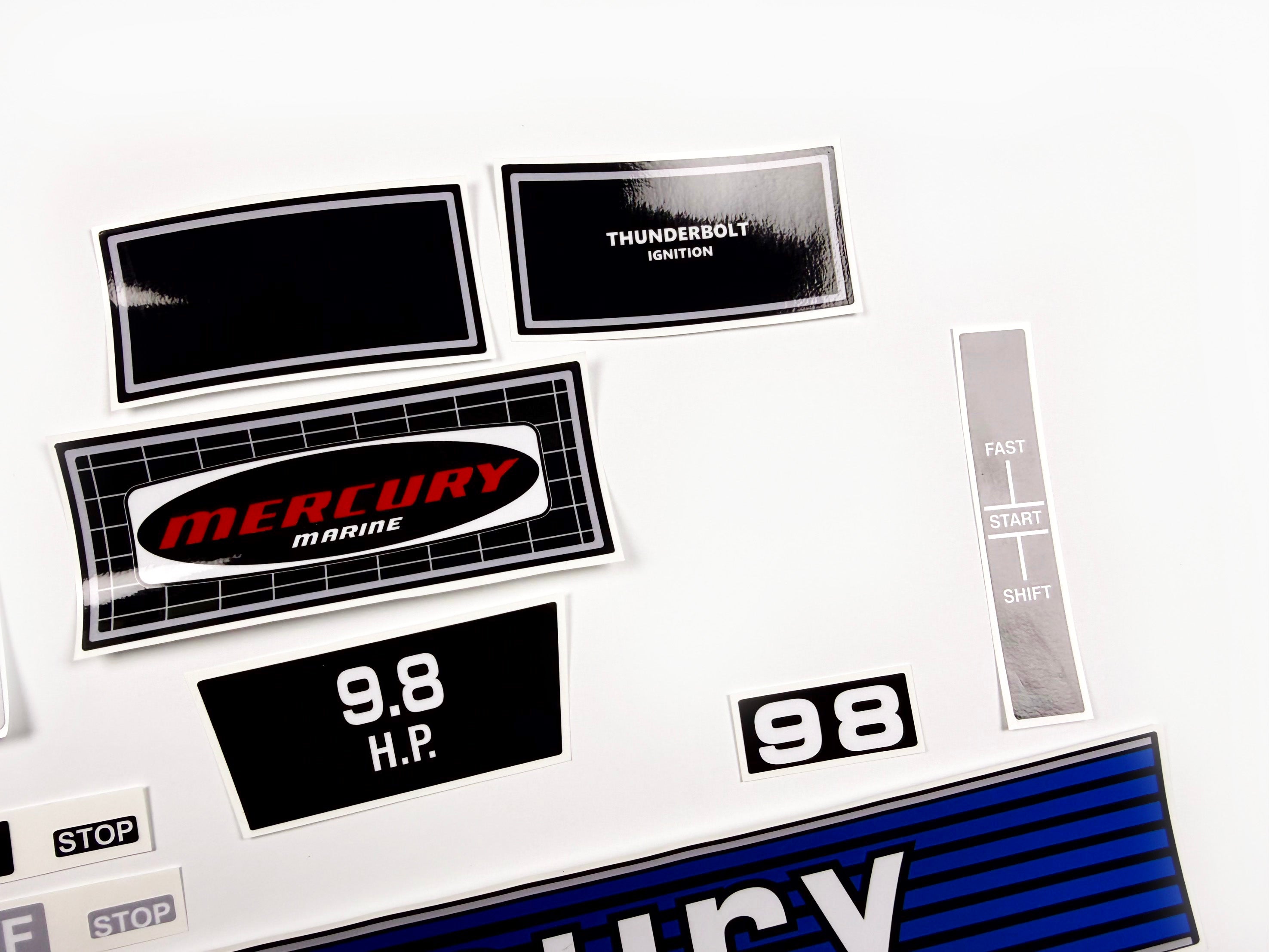 Vinyl graphic retro decals set suitable for Mercury 9.8 hp outboard engine 1970