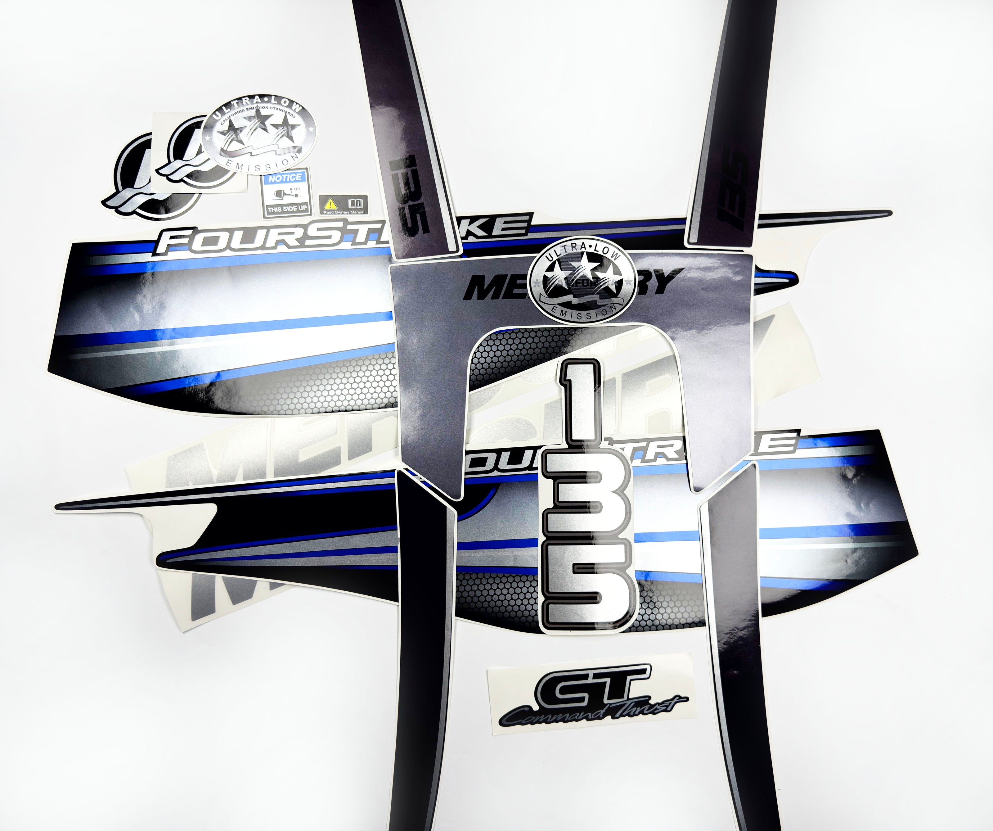 Vinyl graphic silver shimmer blue decals set suitable for Mercury 135 hp four stroke outboard engine. Vinyl silver shimmer stickers kit for Mercury 135 hp four stroke Handmade
