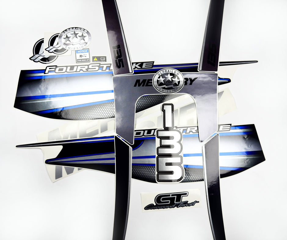 Vinyl graphic silver shimmer blue decals set suitable for Mercury 135 hp four stroke outboard engine. Vinyl silver shimmer stickers kit for Mercury 135 hp four stroke Handmade