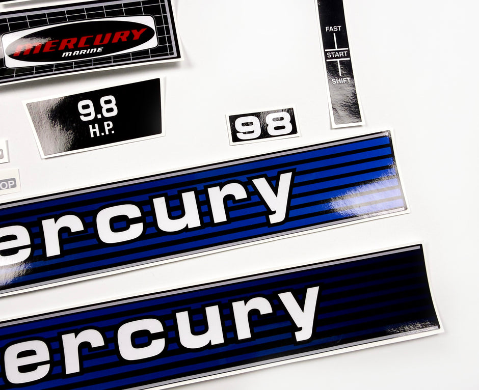 Vinyl graphic retro decals set suitable for Mercury 9.8 hp outboard engine 1970