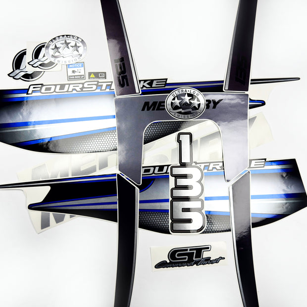 Vinyl graphic silver shimmer blue decals set suitable for Mercury 135 hp four stroke outboard engine. Vinyl silver shimmer stickers kit for Mercury 135 hp four stroke Handmade