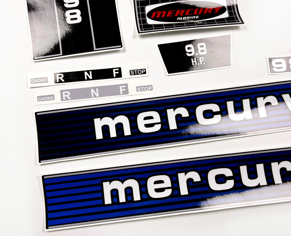 Vinyl graphic retro decals set suitable for Mercury 9.8 hp outboard engine 1970